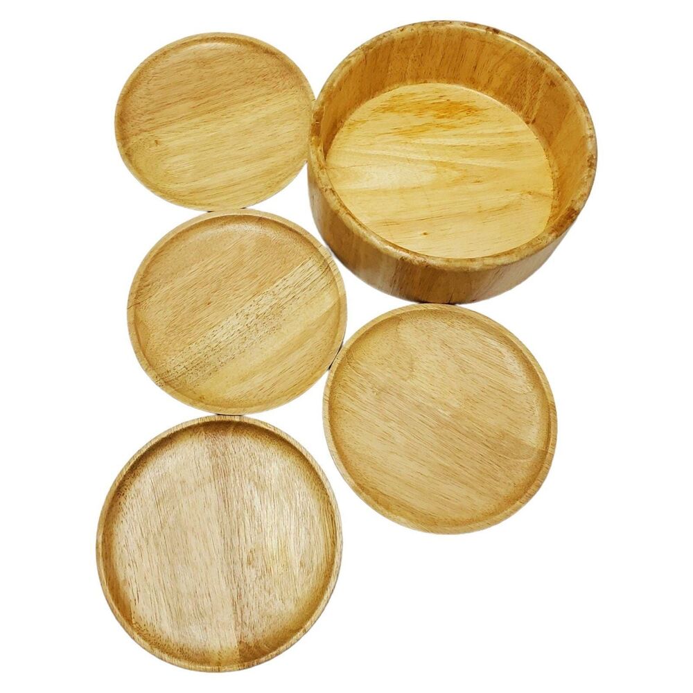 Vintage Winsome Wood Teak Wood Salad Bowl Set With Serving Plates